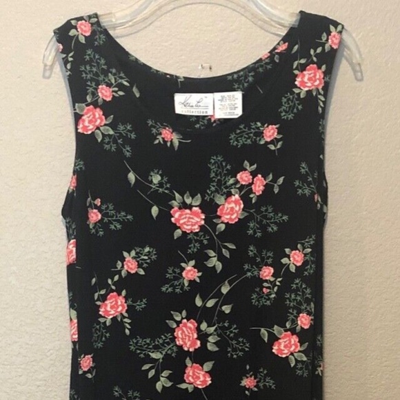 Vintage Kathy Lee Black Floral Scoop Neck Sleeveless Maxi Dress & Cardigan M - Picture 9 of 10
